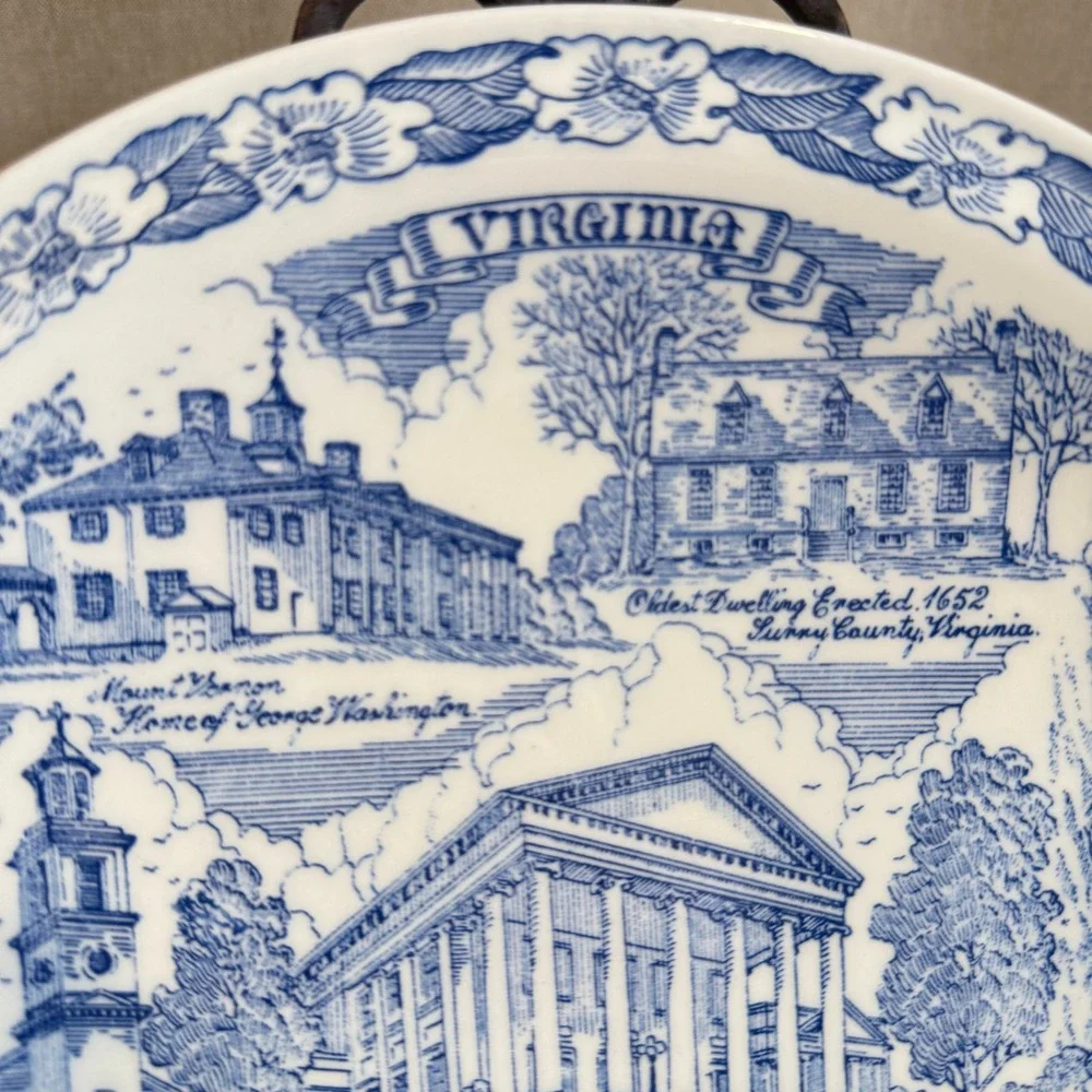 Vernon Kilns Virginia State Souvenir Plate Blue White Transferware Landmarks